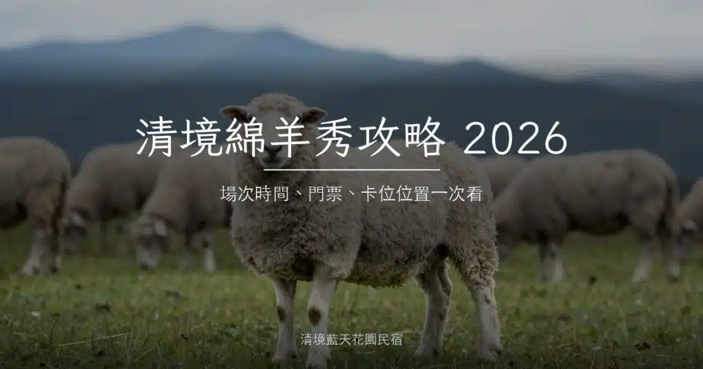 清境農場賞羊秀全攻略 2026|綿羊秀時間、門票、卡位秘訣一次看 2 清境青青草原上一隻白色綿羊正面站立,後方羊群低頭吃草、遠山層疊