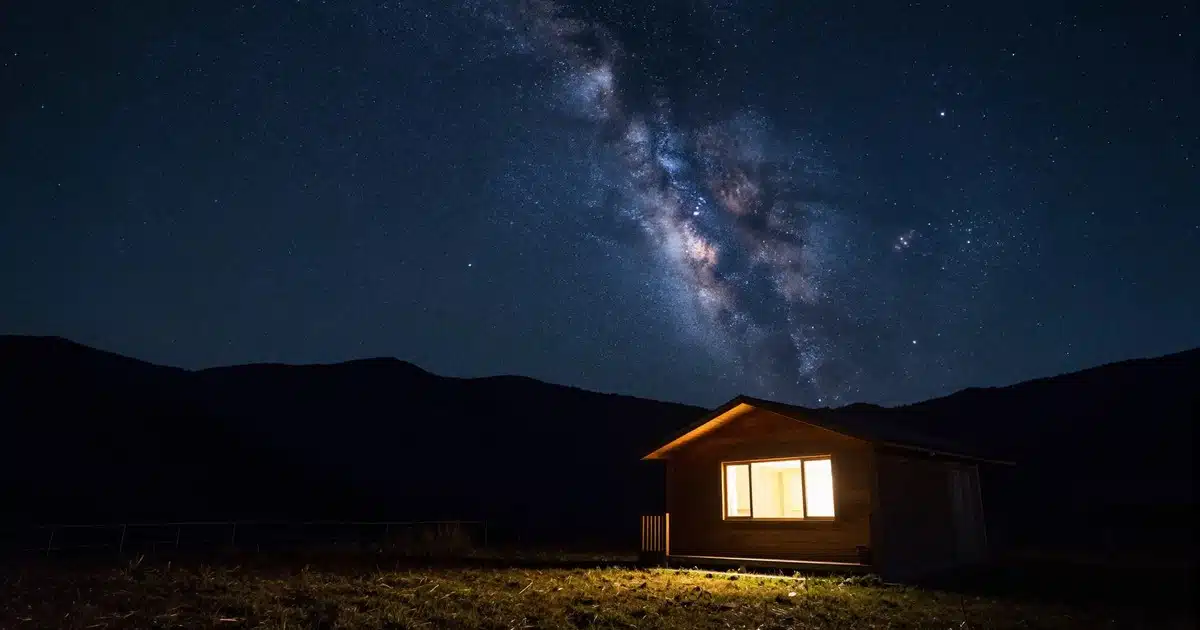 清境夜空銀河與亮著暖燈的木屋，前方是民宿草坪