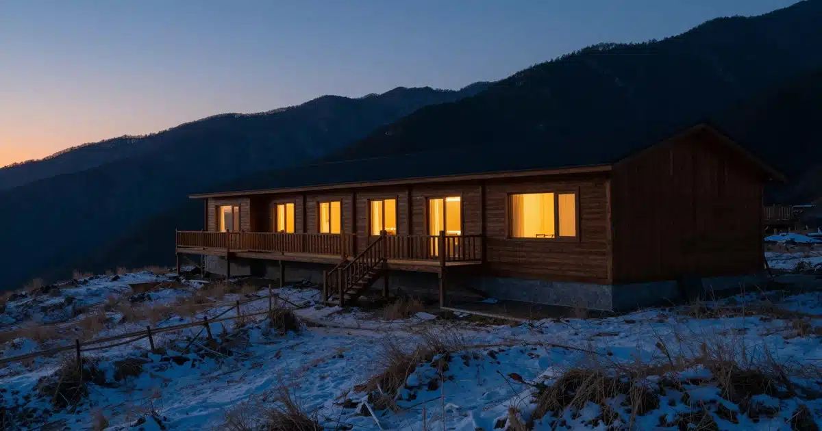合歡山木造山屋在暮色中亮起暖燈，山坡覆著薄雪