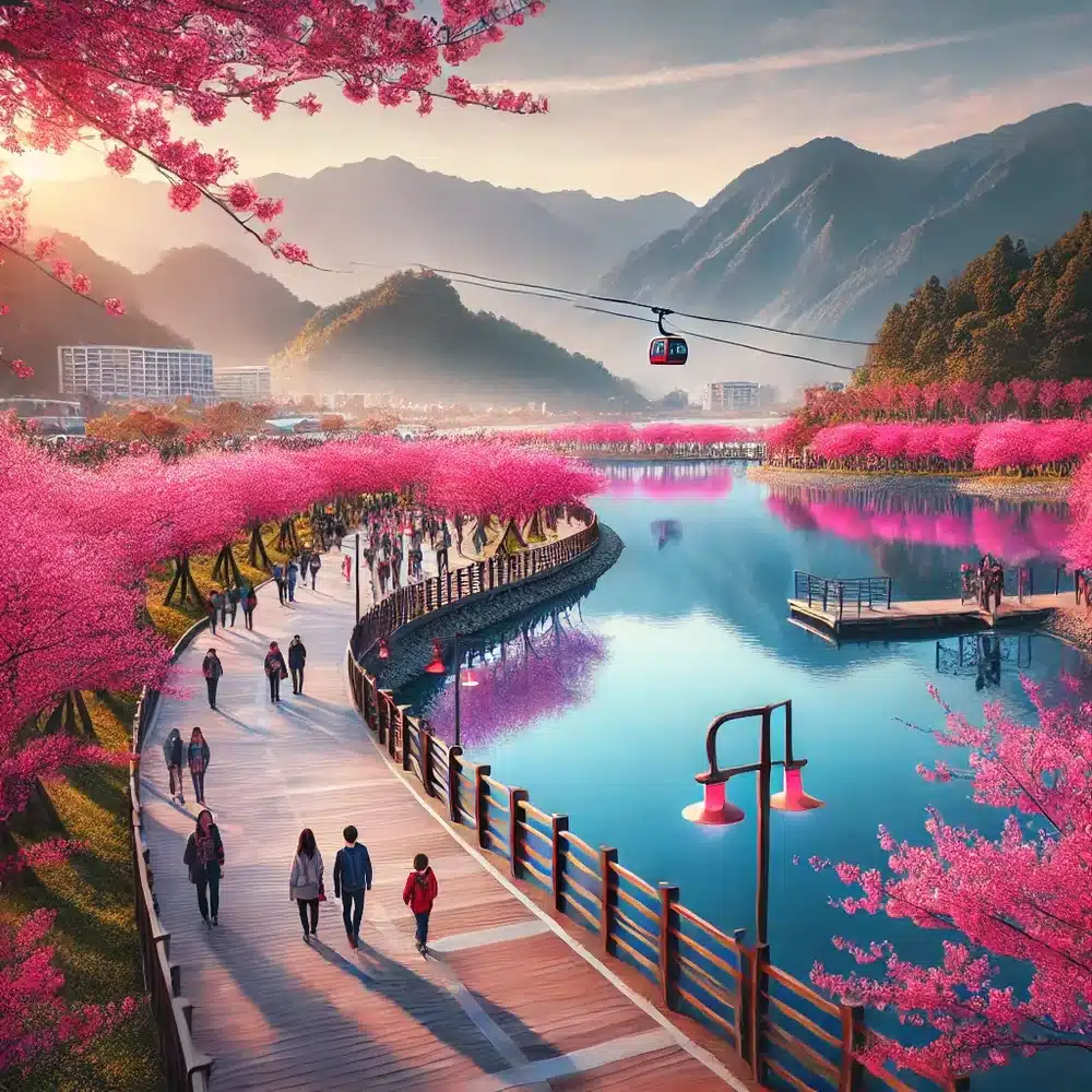 南投櫻花季湖畔櫻花步道